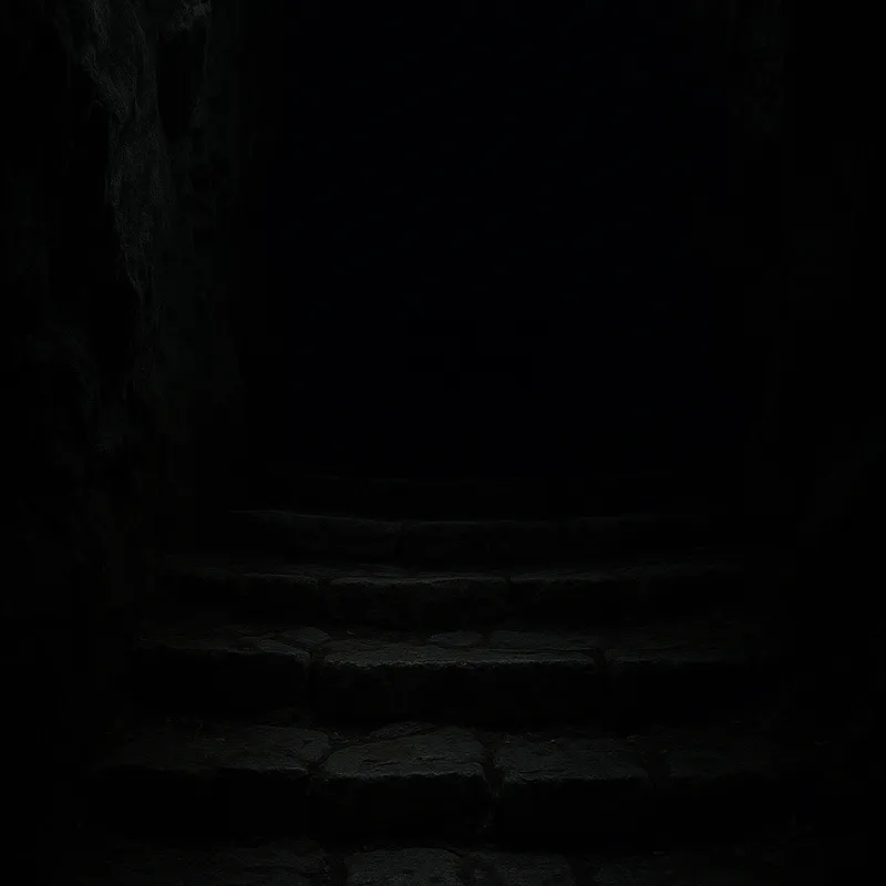 Echoing Darkness - Worn stone steps lead deep into a pitch-black cavern. The ambient light is so dim that the end of the staircase is shrouded in mystery, with only the beginning stones faintly visible. - AI image generated with GPT Image