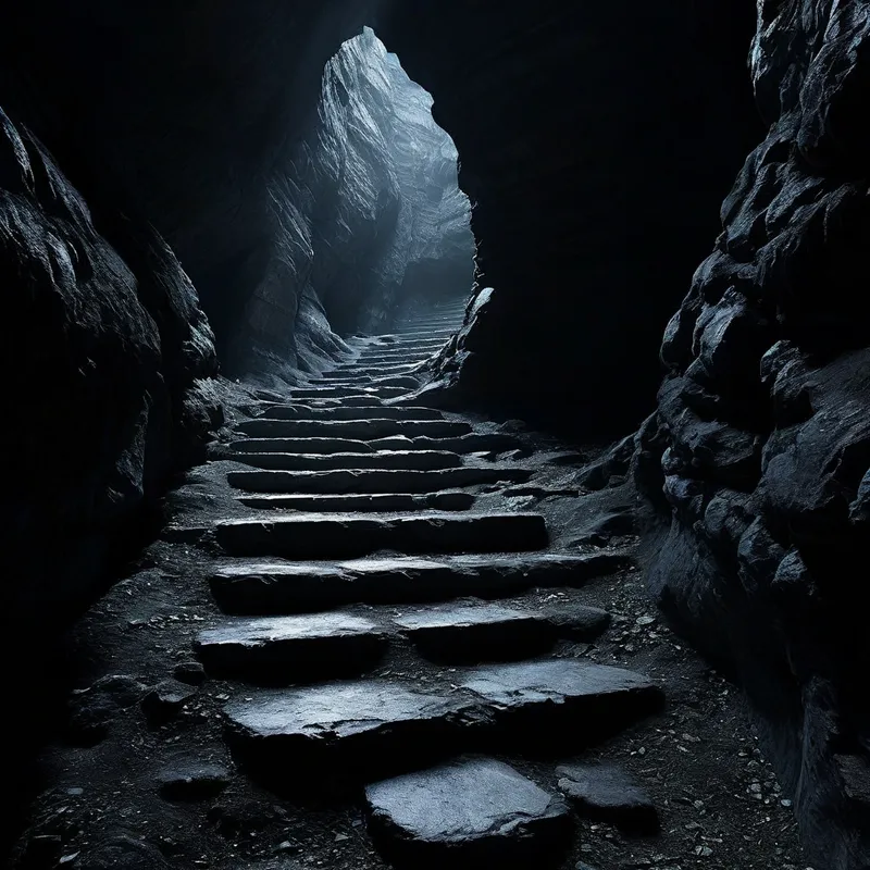 Echoing Darkness - Worn stone steps lead deep into a pitch-black cavern. The ambient light is so dim that the end of the staircase is shrouded in mystery, with only the beginning stones faintly visible. - AI image generated with Nova Canvas