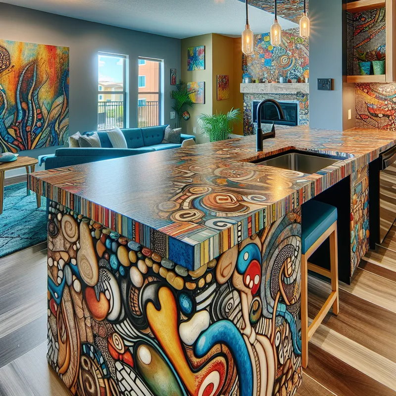 Eclectic Artistic Space - A uniquely remodeled countertop in an artistic multifamily property in Florida, featuring bold colors, artistic tiles, eclectic decor, and a playful, vibrant atmosphere. - AI image generated with Art