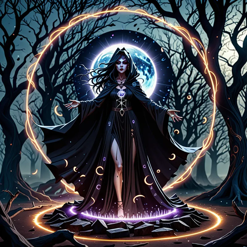 Eclipse Enchantress - An anime-style dark witch performing a ritual during a solar eclipse, standing in a glowing magic circle with arcane symbols, long dark cloak flowing in the wind, surrounded by twisted trees and floating shards of light, moody fantasy setting, rich contrast, highly detailed - AI image generated with Fictional