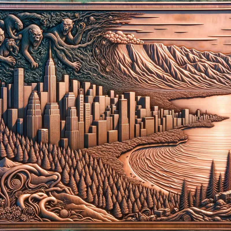Eclipse of the Wilderness - A once beautiful and thriving city is encircled by majestic forests and a tranquil ocean. Darkness begins its silent invasion, casting a sinister veil over the cityscape. The corruption spreads slowly, consuming the vibrancy of the natural surroundings. - AI image generated with Art - copper relief