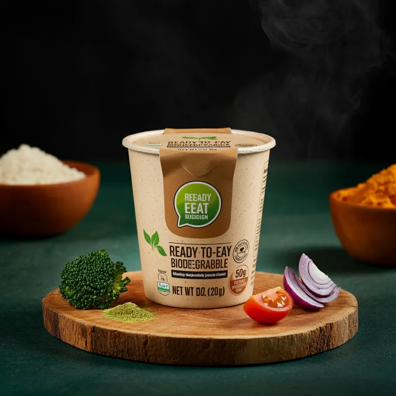 Eco-Chic Ready-to-Eat Cup - A visually appealing and sustainable ready-to-eat cup made from biodegradable materials. The cup design is modern with a natural texture, showcasing healthy ingredients within. The background incorporates elements of nature, hinting at the eco-conscious approach of the product. - AI image generated with Imagen 3