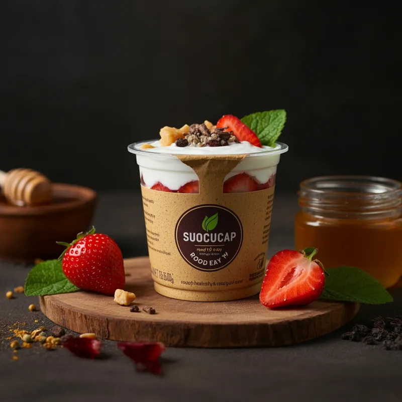 Eco-Friendly Berry Yogurt Cup - A visually appealing and sustainable ready-to-eat cup made from biodegradable materials. The cup design is modern with a natural brown texture,  with no labels. The cup contains healthy ingredients like yogurt, strawberries, and honey. The background incorporates elements of nature, hinting at the eco-conscious approach of the product. - AI image generated with Imagen 3
