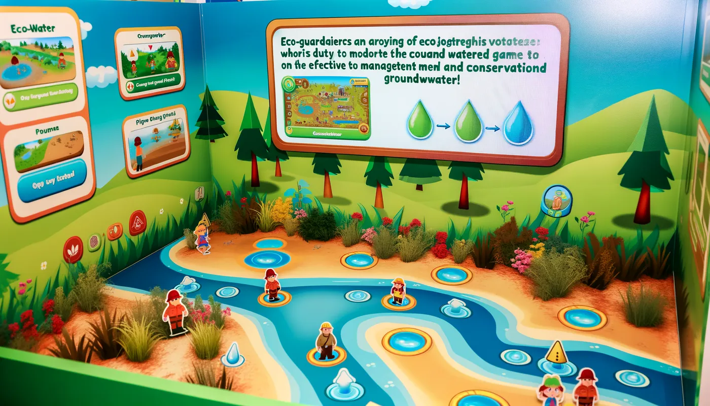 Eco Guardians - A vibrant, nature-themed educational game where players take on the role of eco-guardians responsible for monitoring and protecting groundwater sources. The game includes real-life scenarios, mini-games, and informative tips on how to effectively manage and conserve groundwater. - AI image generated with Art