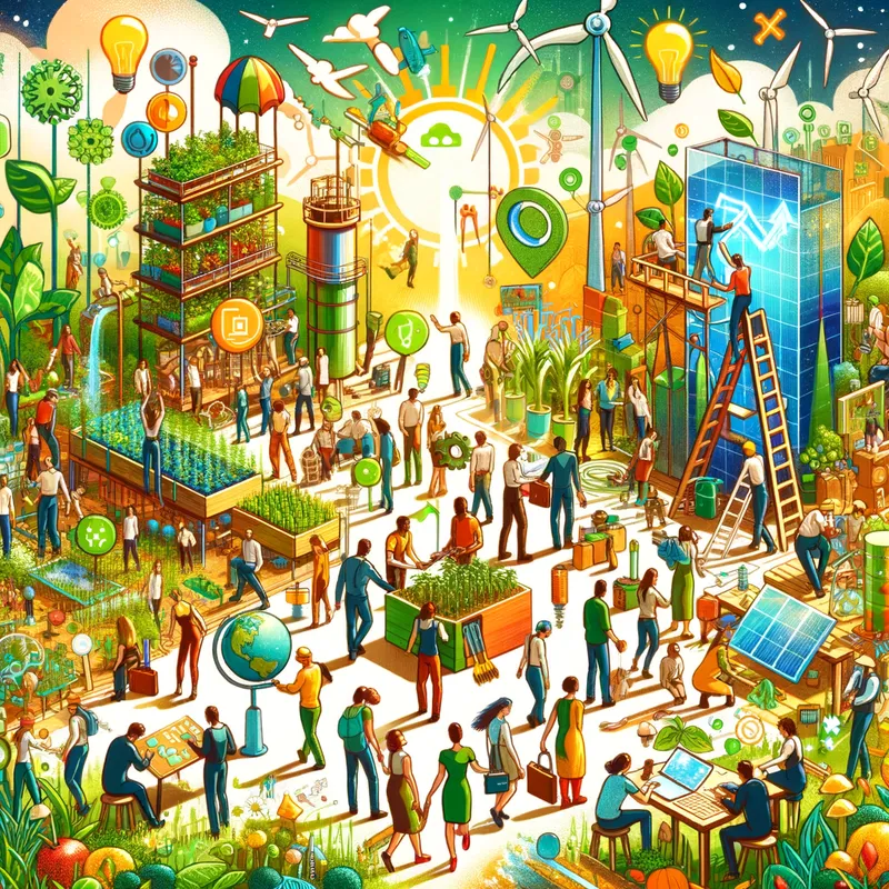 Eco-Warriors - A vibrant scene showing individuals and groups innovating with green technology, such as vertical gardens and hydroelectric power. The atmosphere is one of triumph and unity in the face of climate change. - AI image generated with Art