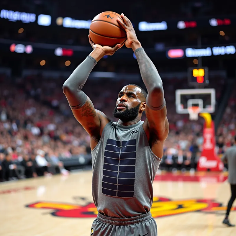 Eco-friendly Jump Shot - An action shot of Lebron James taking a jump shot, highlighting his grey high-tech shirt embedded with solar cells and temperature-responsive fabric. The image emphasizes the integration of renewable energy technology with top-tier athletic performance. The setting is a vibrant basketball court with no brand logos in sight. - AI image generated with Photorealistic 2
