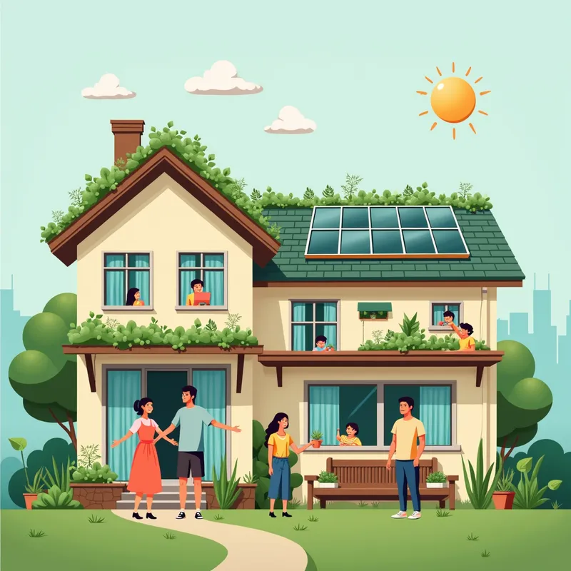 Eco-friendly Living - Families and individuals in 2030 living in sustainable homes with green rooftops, solar panels, and smart home systems, emphasizing a lifestyle that is both technologically advanced and environmentally conscious. - AI image generated with Photorealistic 2