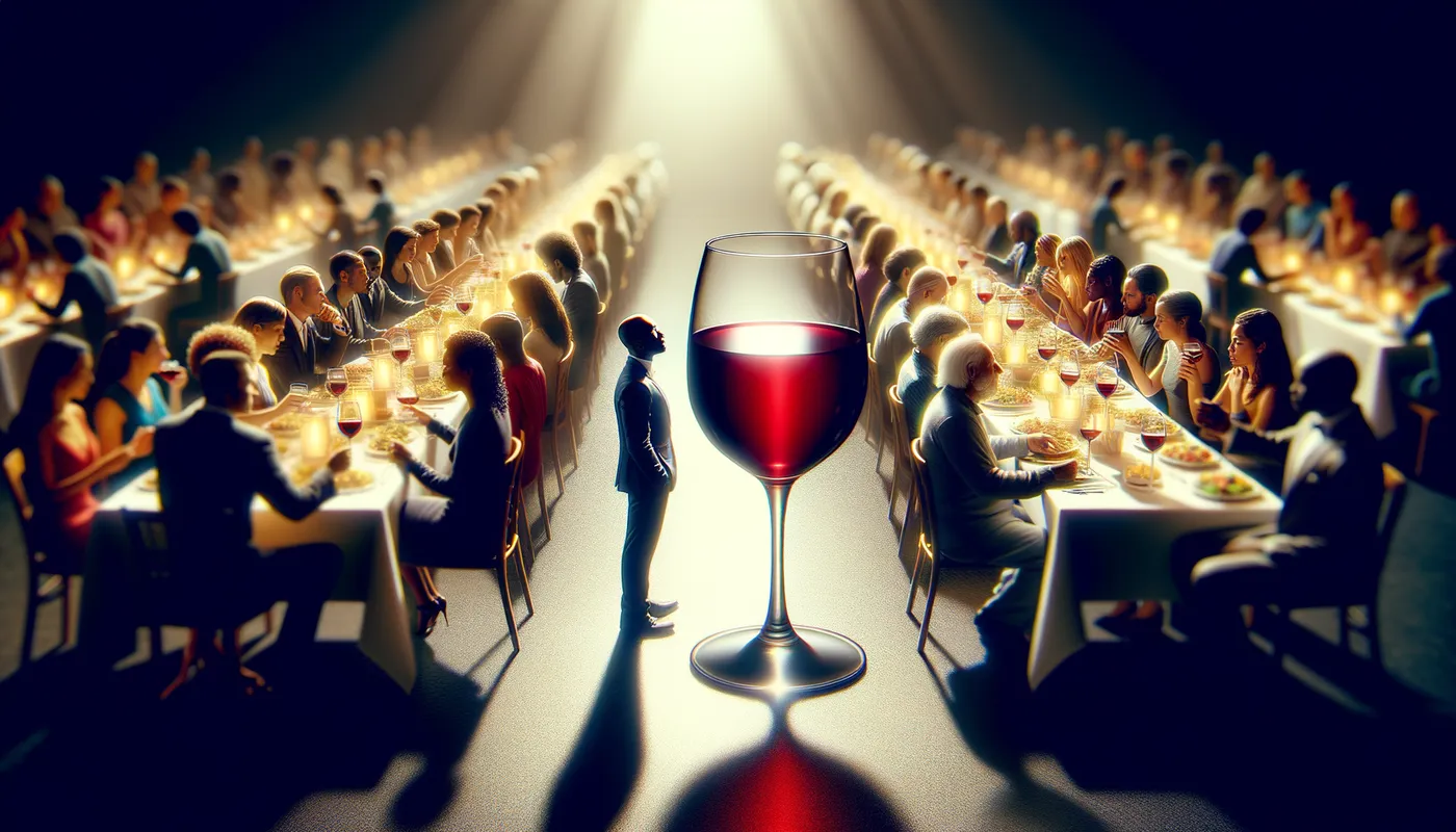 Economy of Hunger - A conceptual piece depicting a lone glass of red wine cast in dramatic lighting, with a blurred figure in the background staring longingly at a banquet table full of guests enjoying a feast. - AI image generated with Art