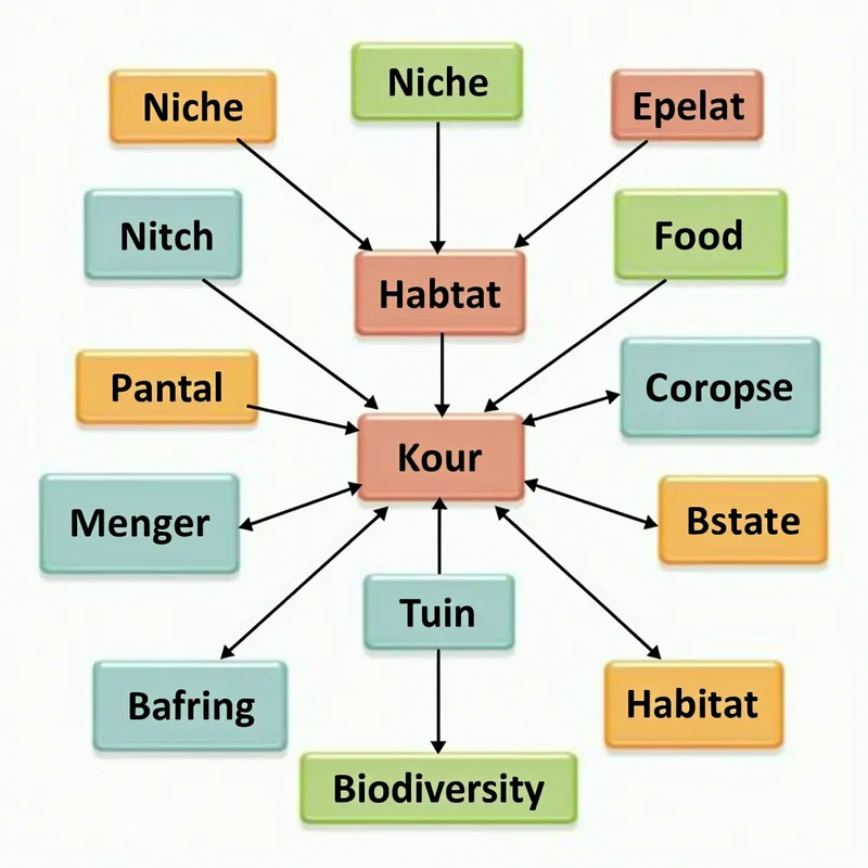 Ecosystem Interaction Map 2 - A visually engaging concept map featuring interconnected text boxes, each with one to two words. Key ecosystem interaction terms such as 'Niche', 'Habitat', 'Food Chain', and 'Biodiversity' are linked with lines showing their interrelations. The boxes are color-coded for better clarity. - AI image generated with Text