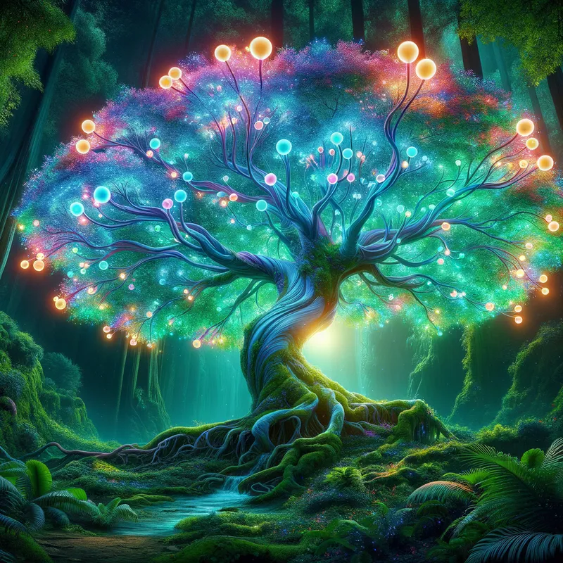 Eden's Circuit Tree - A majestic tree at the heart of Eden with branches flowing with electric currents, its leaves a vivid display of neon greens and blues, and fruits that resemble glowing orbs of energy. - AI image generated with Art
