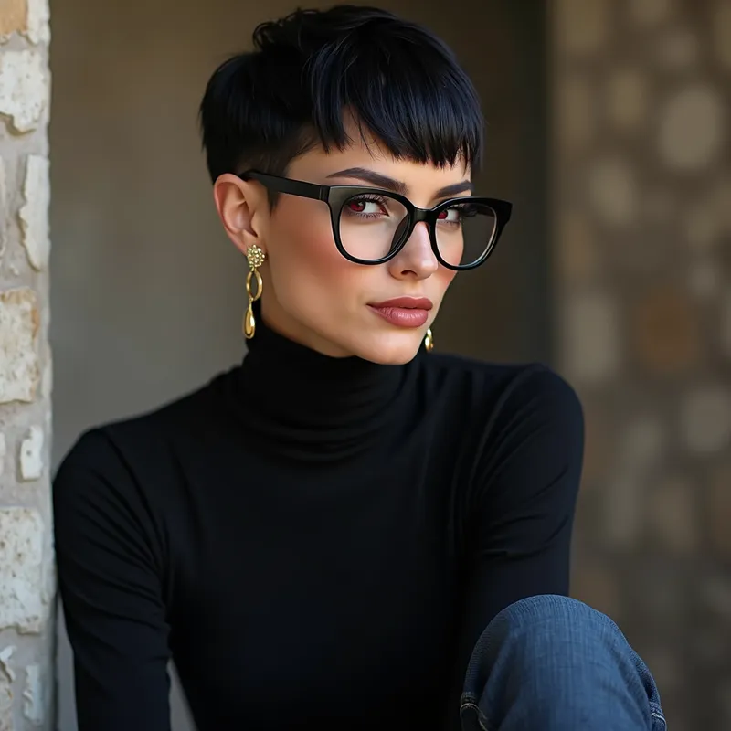 Edgy Elegance - An edgy yet elegant woman with sharp jet black pixie cut hair and striking dark red eyes behind sleek black glasses. She wears a form-fitting black turtleneck and dark blue jeans, her light skin exuding a subtle radiance. Gold jewelry adds a touch of opulence to her stylish ensemble. - AI image generated with Photorealistic 2