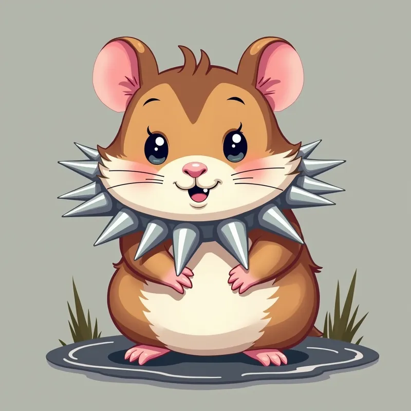 Edgy Hamster in Puddle - A fun and quirky cartoon hamster with a tan body, brown and white facial markings, and pink ears, sitting in a puddle. The hamster's focal point is a striking white collar with oversized silver jagged spikes, set against a subtle gray gradient background. - AI image generated with Photorealistic 2