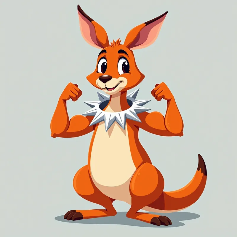 Edgy Muscle Kangaroo - This image features a cartoon kangaroo with an orange body and a white belly, standing upright and flexing its biceps. The kangaroo exudes confidence with a serious expression and a slight smirk. It wears a unique white collar decorated with massive, jagged silver spikes. The solid light gray background serves as a straightforward backdrop, bringing focus to the kangaroo's muscular build and striking collar. - AI image generated with Photorealistic 2