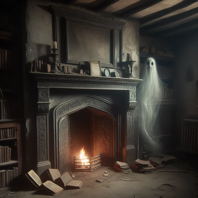 Eerie Antiquity - An old, dimly-lit cottage room, with a large, ornate, but dulled fireplace flickering weakly. Dust-covered books are strewn on the shelves and the floor, suggesting long disuse. A faint, ethereal ghost hovers near the mantle, its form barely visible in the fire's glow. - gothic