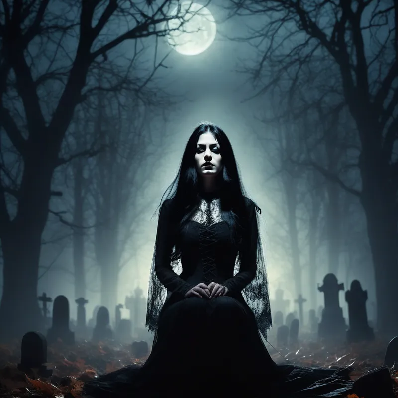 Eerie Gothic Woman of Shadows - A cinematic double exposure image of a front-facing gothic woman kneeling, with long black hair and a solemn expression. Her silhouette is filled with a richly detailed Halloween scene of dark characters, haunted forests, crooked tombstones, bats, and glowing moonlit mist. Fogmoonlight shining through adds an ethereal and eerie quality. High contrast, ultra detailed, dark fantasy visual style. - AI image generated with Photorealistic - chalk, Salvador Dali