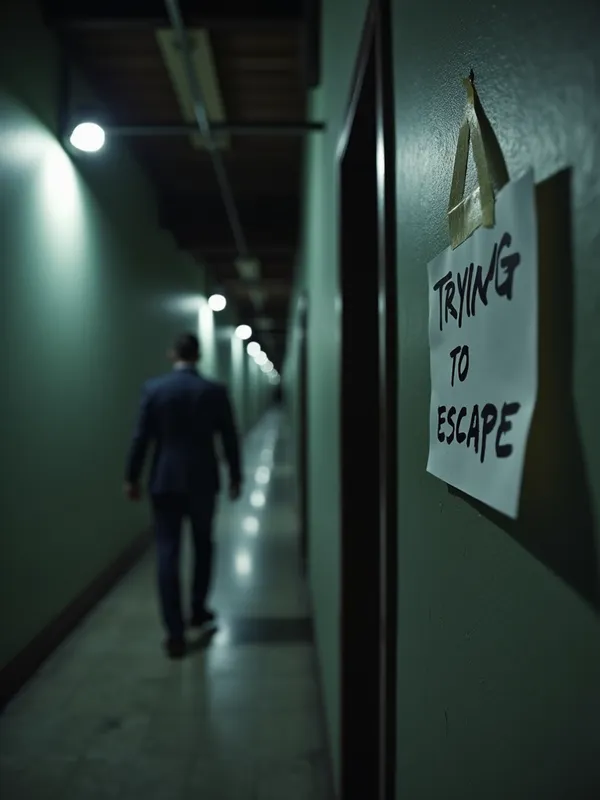 Eerie Revelation - A man finds a note in his own handwriting taped to a wall in a deserted corridor. The note reads 'Stop trying to escape.' The hallway stretches into darkness, giving a sense of endlessness and isolation. - AI image generated with Photorealistic 2