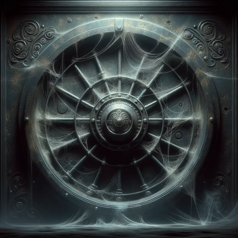 Eerie Vault Entrance - An ancient, dark vault door covered in cobwebs with mysterious markings and a slight eerie glow coming from the cracks, suggesting something ominous inside. - AI image generated with Art