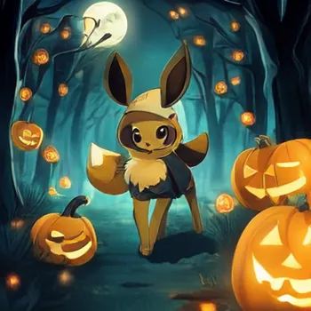 Eevee's Halloween Night: An Eevee dressed in an Umbreon Halloween costume, wandering through a moonlit forest. The scene is decorated with glowing jack-o'-lanterns and spooky trees, in a Pokemon anime art style.