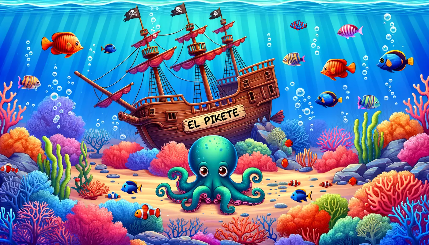 El Pikete's Oceanic Adventure - Imagine a deep underwater scene with colorful coral reefs and exotic fish, where 'El Pikete' is an inscription on a sunken pirate ship, guarded by a friendly octopus. - AI image generated with Art - cartoony