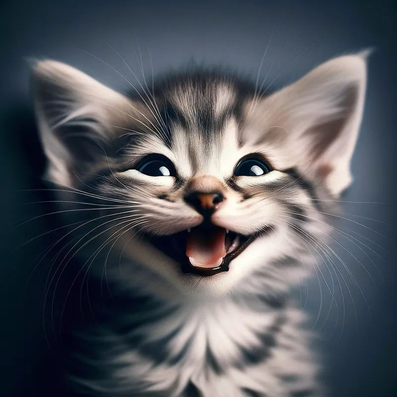 Elated Kitten Grin - An elated kitten with a playful demeanor, featuring big, expressive eyes and a wide grin, capturing the essence of feline happiness. - AI image generated with Art