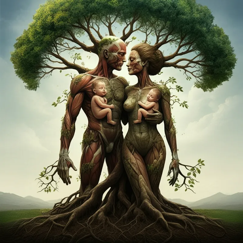 Elder Tree of Life with Four Infants - A  human male and female body is a tree stretching upward with deep roots. Their age is approximately 60 years old. Four babies are born within the branches. Growing throughout the branches as if part of the tree.  which is looked after, watered, and the crown is  beautiful.  Roots and hands like branches, extremely detailed, very attractive.  - AI image generated with Imagen 3