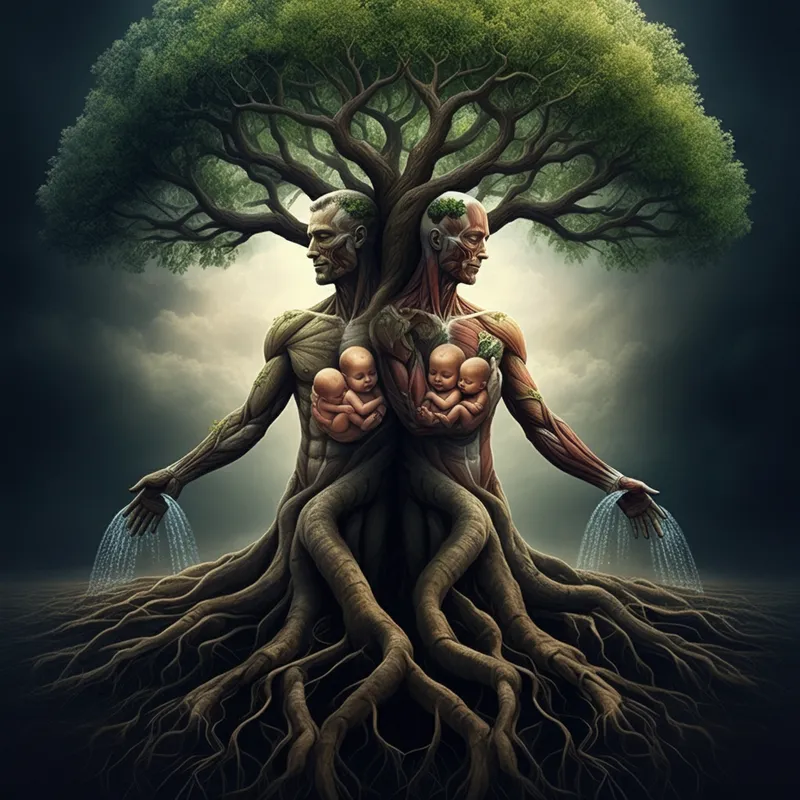 Elder Tree of Life with Four Infants - A  human male and female body is a tree stretching upward with deep roots. Their age is approximately 60 years old. Four babies are born within the branches. Growing throughout the branches as if part of the tree.  which is looked after, watered, and the crown is  beautiful.  Roots and hands like branches, extremely detailed, very attractive.  - AI image generated with Imagen 3