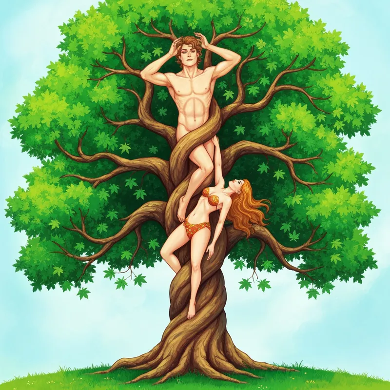 Elder Tree of Life with Infants - A  human male and female body is a tree stretching upward with deep roots. Their age is approximately 60 years old. Four babies are born within the branches. Growing throughout the branches as if part of the tree.  which is looked after, watered, and the crown is  beautiful.  Roots and hands like branches, extremely detailed, very attractive.  - AI image generated with Imagen 4 Fast