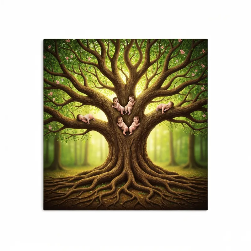Elder Tree of Life with Infants - A  human male and female body is a tree stretching upward with deep roots. Their age is approximately 60 years old. Four babies are born within the branches. Growing throughout the branches as if part of the tree.  which is looked after, watered, and the crown is  beautiful.  Roots and hands like branches, extremely detailed, very attractive.  - AI image generated with Imagen 4 Fast