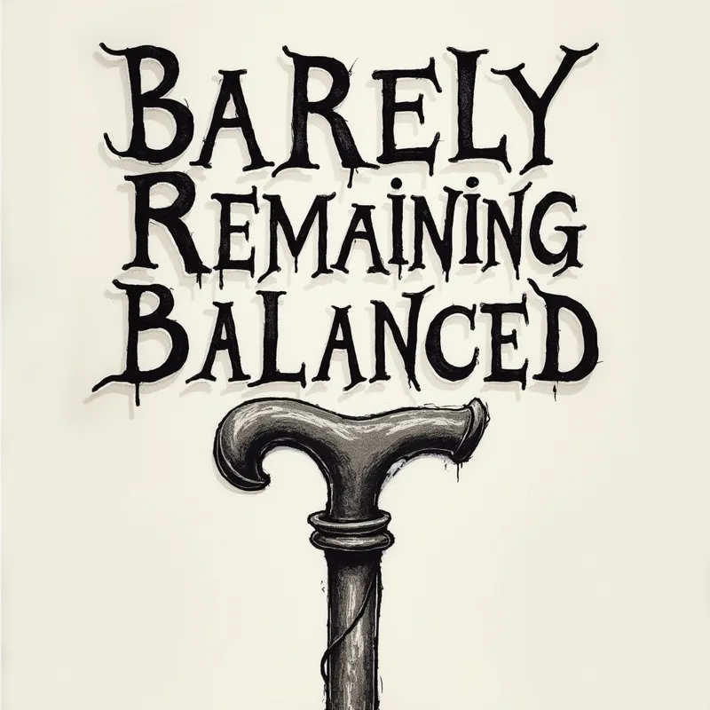Elderly Letters on a Cane - 'Barely Remaining Balanced' written in distressed typography, the letters tilted and sagging as if exhausted. The text is physically resting on a sturdy cane, giving the impression that the phrase itself is elderly and struggling to stay upright. - AI image generated with Photorealistic 2 - tattoo drawing