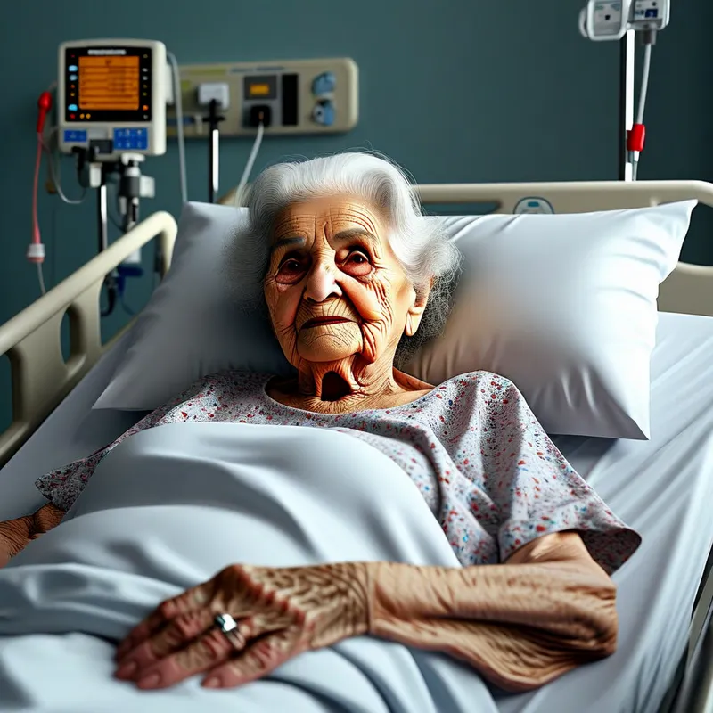 Elderly Woman in Hospital Bed - make an image of an old woman on hospital bed
 - AI image generated with Nova Canvas - photorealistic