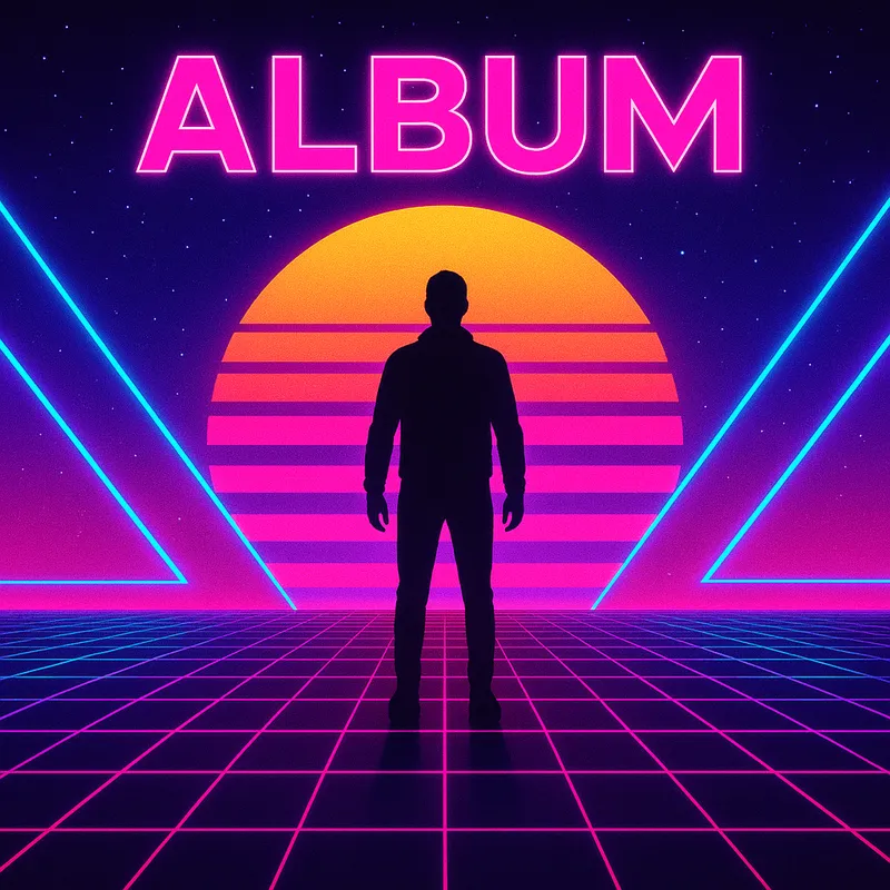 Electric Dreams - A synthwave-inspired album cover with a blend of 80s aesthetics and modern digital art. The scene centers on a silhouetted figure standing on a grid-patterned floor, with neon lights and a sunset gradient sky in the background. The use of bold neon colors like pink, blue, and purple should dominate the image, giving it a retro-futuristic feel. - AI image generated with GPT Image