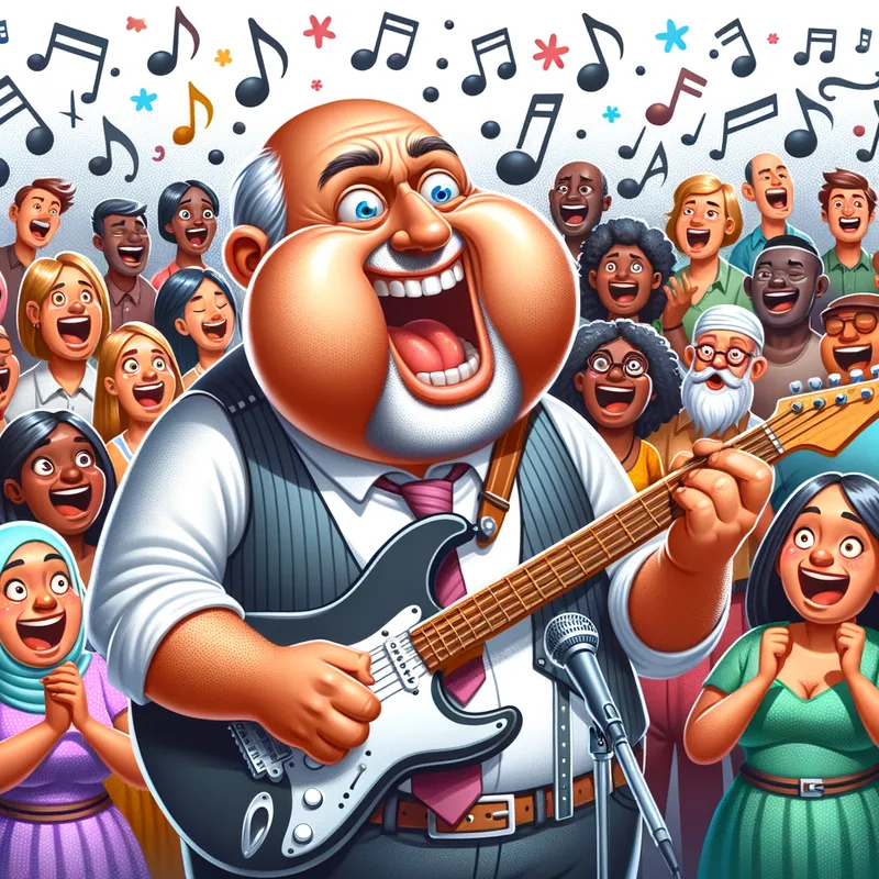 Electric Melody Breath - An animated musician with puffed cheeks playing an electric guitar energetically, surrounded by musical notes and a lively audience. - AI image generated with Art