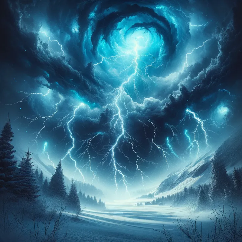 Electric Winter - Dark blue lightning bolts cracking across the sky above a dense, whirling snowstorm over a frozen, barren landscape, creating an ethereal winter scene. - AI image generated with Art