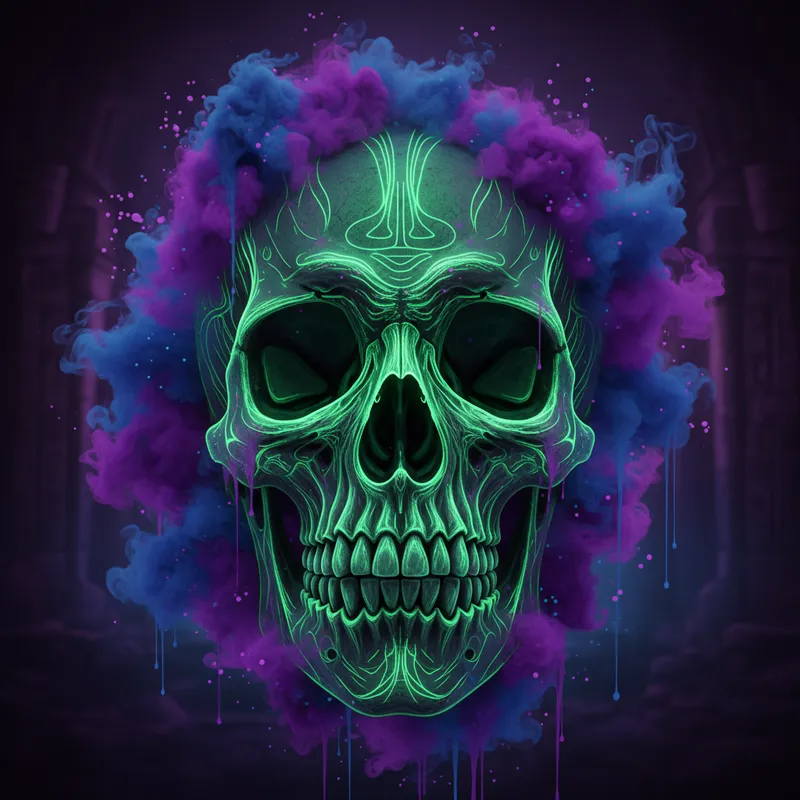 Electrified Skull Portrait - A close-up, detailed rendering of the skull from the upper jaw up, lines and crevices shimmering in neon green, surrounded by a mist of purple and blue paint-like accents. - AI image generated with Nano Banana