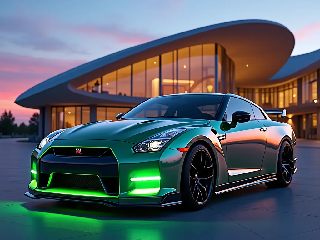 Elegance in Motion - A dazzling Nissan GTR showcasing a palatium color and neon green accents, parked in front of a modern architectural masterpiece under a twilight sky. - AI image generated with Photorealistic 2