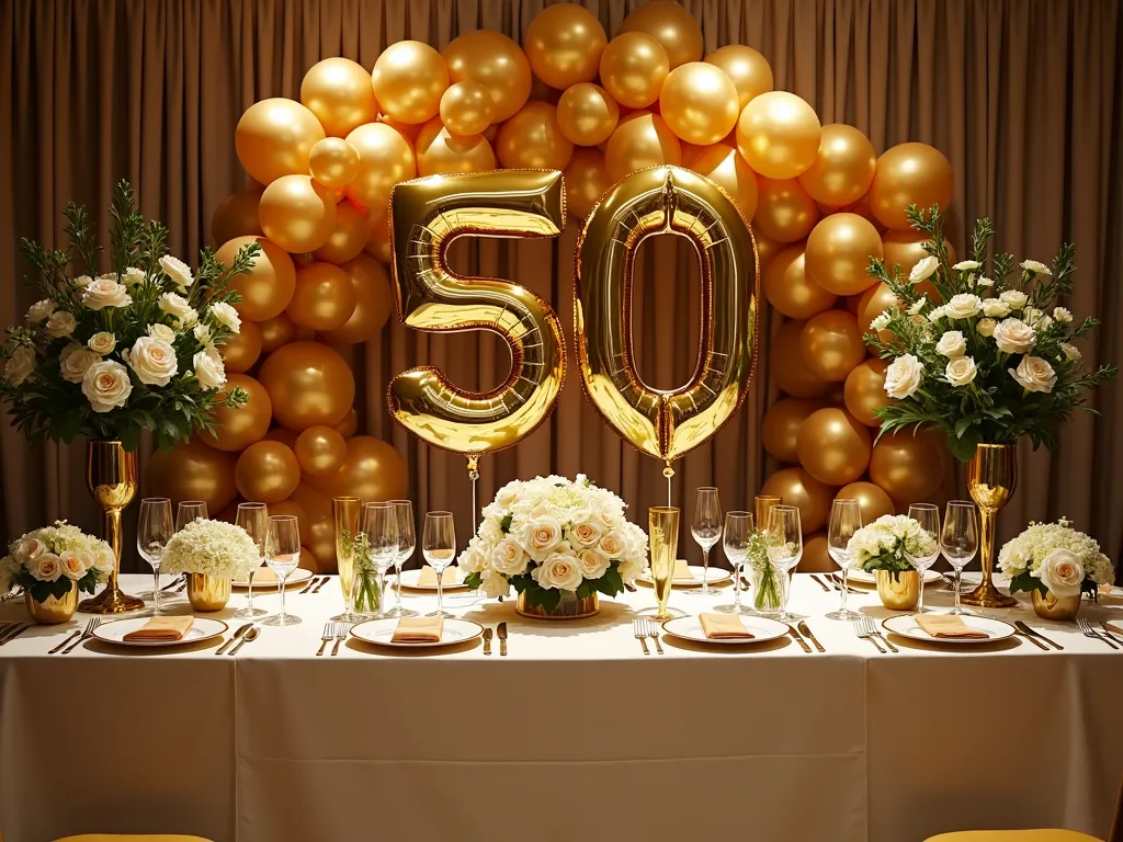Elegant 50th Birthday Bash - An exquisite and elegant birthday party setup for a 50th celebration, featuring shimmering golden balloons, sophisticated table settings, and classy floral arrangements. - AI image generated with Photorealistic 2