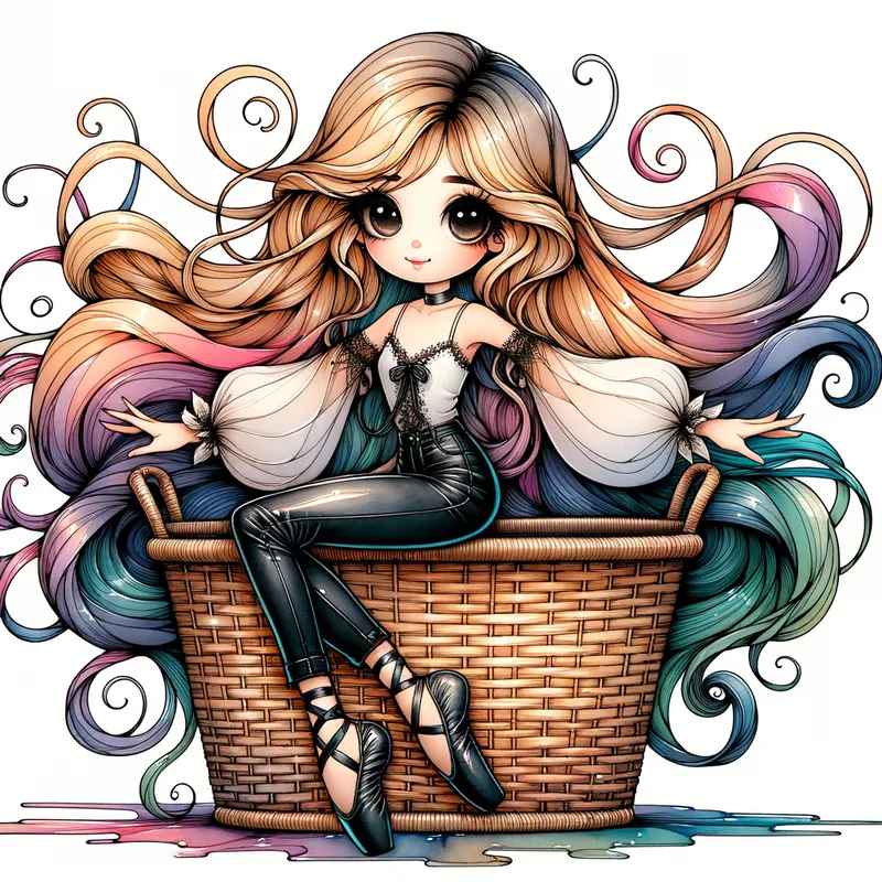 Elegant Anime Ballerina - A beautiful anime ballerina with silk hair wearing a white blouse, black leather jeans, and black ballet pointe shoes. She is lying in a woven basket and posing for a picture. Digital art, illustration. - AI image generated with Art - alcohol ink, cartoony, colorful