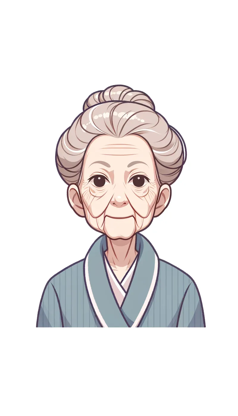 Elegant Anime Elder - nice anime elderly women with a somewhat frail appearance, wearing a dressing gown, has her hair up, and a thin, lined face - AI image generated with Art