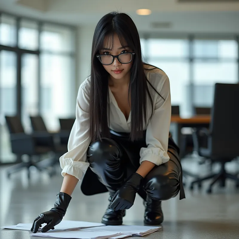 Elegant Asian Office Assistant - A beautiful Asian girl with straight, shiny black hair, wearing stylish glasses and a blouse with a plunging neckline. She is also dressed in stiff, glossy black leather gloves and a matching shiny black leather skirt with tall, sleek black leather boots. She is crouching in a modern, well-lit office, gathering documents and folders from the floor. - AI image generated with Photorealistic 2