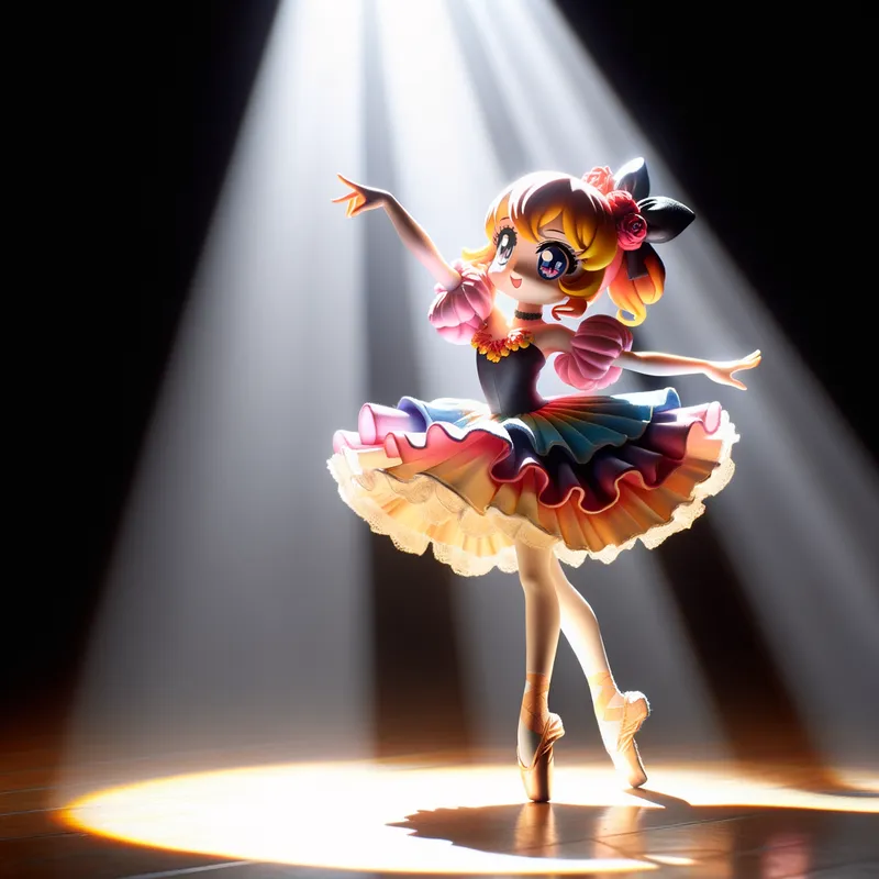 Elegant Ballerina - Honoka Yukishiro, the character from Pretty Cure, dressed in black ballet pointe shoes, performing on a stage with a spotlight highlighting her grace. - AI image generated with Art - alcohol ink, cartoony, colorful