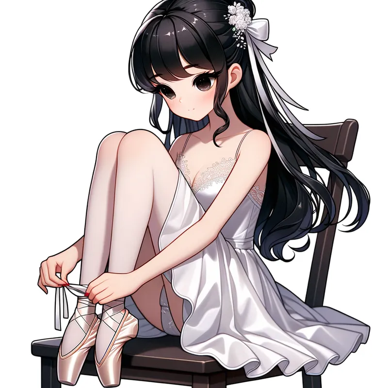 Elegant Ballerina Preparation - A beautiful anime ballerina with black gorgeous hair, wearing a white silk dress and silk ballet pointe shoes. She is sitting on a chair tying the ribbons of her pointe shoes. Digital art. Anime. Illustration. - AI image generated with Art