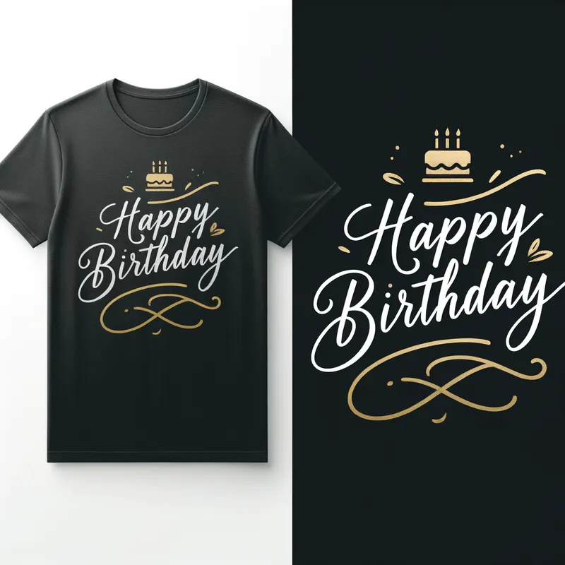 Elegant Birthday Chic - A minimalist birthday t-shirt design with a sleek handwritten 'Happy Birthday' in elegant cursive font, accompanied by subtle gold accents and a small cake icon. - AI image generated with Art