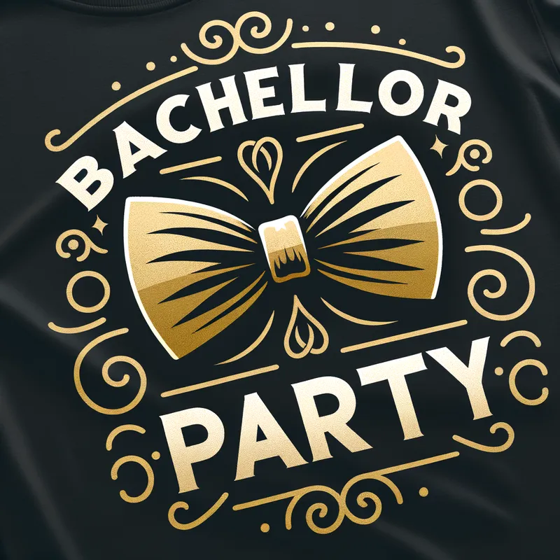 Elegant Bow Tie - Sophisticated bachelor party t-shirt design showcasing a single bold bow tie icon in black and gold with subtle swirl accents. Clean vector for a stylish, upscale modern look, devoid of clutter. - AI image generated with Art