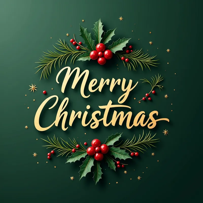 Elegant Christmas Card - A sophisticated calligraphy Christmas card with the text 'Merry Christmas' written in elegant gold lettering on a dark green background, adorned with holly and pine tree branches. - AI image generated with Photorealistic 2