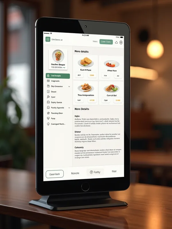 Elegant Eat Express Menu - We need a modern and minimalist design for a 21.5-inch touchscreen in a restaurant environment. The system is generic but customized for each restaurant through logo and menu. The following requirements and preferences should be considered:

General Requirements

    Target Audience: The design should work for a mixed audience, from young adults to seniors. It should be intuitive and easy to use for everyone.
    Style: Minimalist, luxurious, and professional. Use neutral colors and elegant lines complemented by the restaurant's logo.
    Branding: The system should feel tailored for each restaurant but include the "eatexpress.se" logo clearly on each screen.

Flow and Features

    Home Page:
        A clear button with the text "ORDER HERE" that takes the user to the next step.
        The restaurant's logo visible.

    Dining Style Selection:
        Options for "DINE IN" or "TAKE OUT" presented in a visual layout with elegant icons.

    Menu Flow:
        Categories displayed as large, clear buttons with icons and images.
        After selecting a category, dishes are shown with images and prices in a grid format.

    Dish Details:
        Ability to customize the dish (e.g., extra sauces, add-ons).
        Upselling presented in an optimized format, such as visual cards that can be scrolled horizontally, instead of a list.

    Cart and Checkout:
        A clear and simple cart page with the option to return to the menu.
        Payment options: card, Swish, or Klarna.

    Language:
        Default is Swedish, but an icon to change the language should be easily accessible on each screen.

Design Instructions

    Icons:
        Use elegant, minimalist icons with thin lines and neutral colors.
        Example: a plate for "DINE IN," a take-out bag for "TAKE OUT."

    Typography:
        Use a modern sans-serif font for readability, such as "Roboto" or similar.
        Important headings should be larger and bold, while instruction text should be discreet but clear.

    Usability:
        The design should support large touch areas for easy interaction.
        Animate transitions subtly to provide a seamless feel (e.g., when selecting a category or cart).

    Upselling:
        Use a horizontal scrolling format with images and a short description of add-ons.
        Prioritize products that best complement the selected dish.

    Accessibility:
        Include high-contrast colors and a function to enlarge text for users with impaired vision.

Platform: The system is developed in Android and should therefore be compatible with Android-specific design principles. - AI image generated with Photorealistic 2