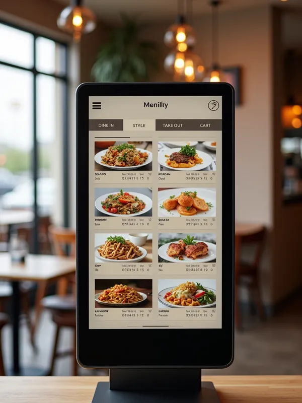 Elegant Eat Express Menu - We need a modern and minimalist design for a 21.5-inch touchscreen in a restaurant environment. The system is generic but customized for each restaurant through logo and menu. The following requirements and preferences should be considered:

General Requirements

    Target Audience: The design should work for a mixed audience, from young adults to seniors. It should be intuitive and easy to use for everyone.
    Style: Minimalist, luxurious, and professional. Use neutral colors and elegant lines complemented by the restaurant's logo.
    Branding: The system should feel tailored for each restaurant but include the "eatexpress.se" logo clearly on each screen.

Flow and Features

    Home Page:
        A clear button with the text "ORDER HERE" that takes the user to the next step.
        The restaurant's logo visible.

    Dining Style Selection:
        Options for "DINE IN" or "TAKE OUT" presented in a visual layout with elegant icons.

    Menu Flow:
        Categories displayed as large, clear buttons with icons and images.
        After selecting a category, dishes are shown with images and prices in a grid format.

    Dish Details:
        Ability to customize the dish (e.g., extra sauces, add-ons).
        Upselling presented in an optimized format, such as visual cards that can be scrolled horizontally, instead of a list.

    Cart and Checkout:
        A clear and simple cart page with the option to return to the menu.
        Payment options: card, Swish, or Klarna.

    Language:
        Default is Swedish, but an icon to change the language should be easily accessible on each screen.

Design Instructions

    Icons:
        Use elegant, minimalist icons with thin lines and neutral colors.
        Example: a plate for "DINE IN," a take-out bag for "TAKE OUT."

    Typography:
        Use a modern sans-serif font for readability, such as "Roboto" or similar.
        Important headings should be larger and bold, while instruction text should be discreet but clear.

    Usability:
        The design should support large touch areas for easy interaction.
        Animate transitions subtly to provide a seamless feel (e.g., when selecting a category or cart).

    Upselling:
        Use a horizontal scrolling format with images and a short description of add-ons.
        Prioritize products that best complement the selected dish.

    Accessibility:
        Include high-contrast colors and a function to enlarge text for users with impaired vision.

Platform: The system is developed in Android and should therefore be compatible with Android-specific design principles. - AI image generated with Photorealistic 2