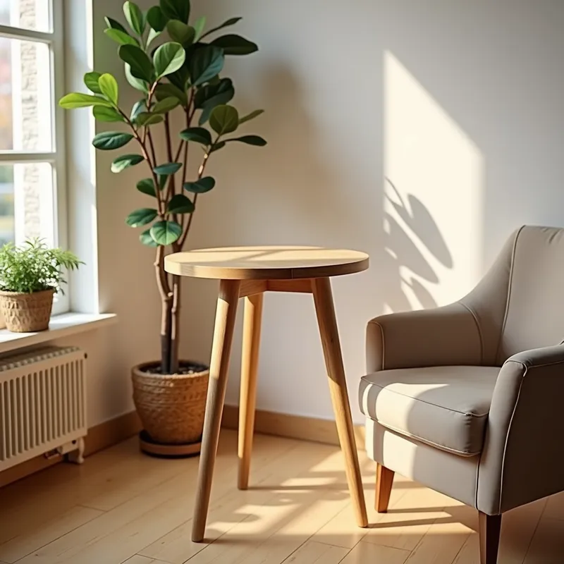 Elegant Empty Side Table - A tall, empty, elegant light-coloured wooden tall side table is set up in a bright and pleasant room. The side table is seen from above, with a window on the side and a plant on the floor. The room is warm and the walls are light. There is an armchair to the right of the side table. The atmosphere is bright, pleasant and warm. The top of the side table is empty. We can clearly see the empty top of the side table. - AI image generated with Photorealistic 2