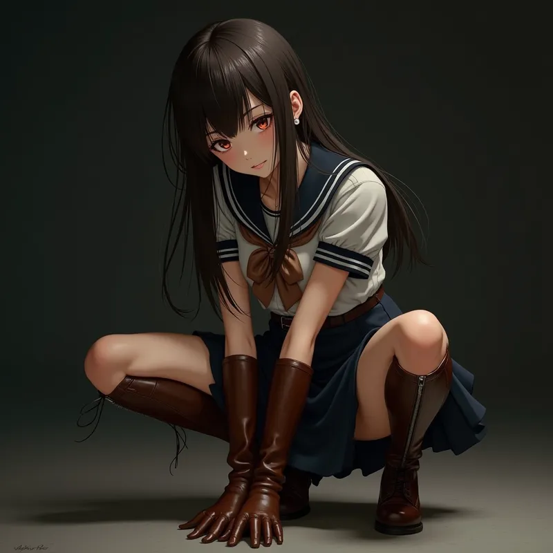 Elegant Equestrian Schoolgirl - A beautiful Japanese girl in a schoolgirl outfit, featuring mid-length shiny brown leather gloves and tall, stiff, glossy brown equestrian boots. She is crouched down, gazing at the viewer with an expression of scorn, exuding grace and authority. - AI image generated with Photorealistic 2 - dark tones