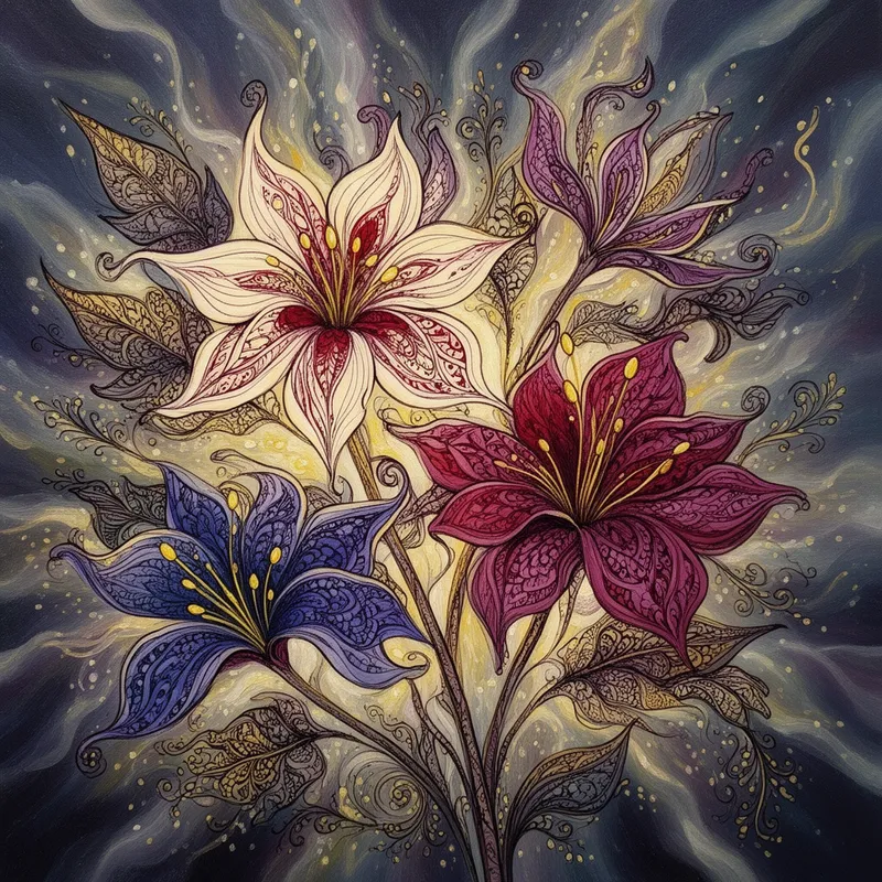 Elegant Ivory and Wine Zentangle Fantasy - A fantastical floral image painted with fine brush-stroke outlines, centered on detailed zentangle flowers with elegant, whimsical forms. The petals combine ivory, rich red-purple, blueberry, and wine hues with yellow accents, all filled with intricate patterns. Behind them, leaves and stems are richly ornamented with zentangle designs, scrollwork, and filigree embellishments. Surreal, dynamic lighting casts luminous highlights and shadows across the composition, intensifying the vibrant colors and delicate decorative details. - AI image generated with Flux 2