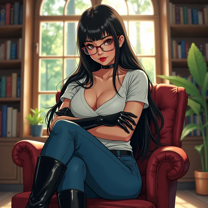 Elegant Librarian's Teasing Stare - In a sunlit library with serene forest views, a magnificent Asian woman with seductive features and sublime, straight hair poses. Sporting stylish glasses, a plunging white t-shirt, shiny black leather gloves, fitting blue jeans, and tall shiny riding boots, she sits on an armchair, arms crossed below her chest. Her manga-style colors and details emphasize her beautiful, confident, and slightly mischievous expression. The low angle from floor level highlights her boots and powerful presence. - AI image generated with Photorealistic 2